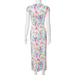 Cap sleeve print slit crewneck midi dress