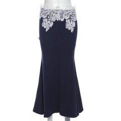 Lace patchwork zip-up maxi skirt