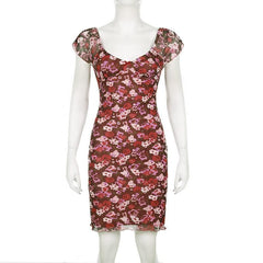 Cap sleeve print bowknot mesh mini dress