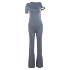 Short sleeve irregular crewneck solid pant set