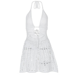 Halter knitted deep V neck see through mini dress