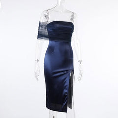 One shoulder irregular mesh ruched slit midi dress-final-sale