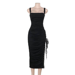 Square neck lace up ruched hollow out cut out midi dress
