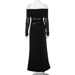Off shoulder long sleeve mesh patchwork ruched hollow out maix dress