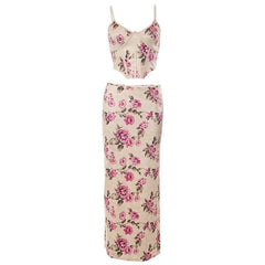 Flower print contrast corset slit backless cami maxi skirt set-final-sale