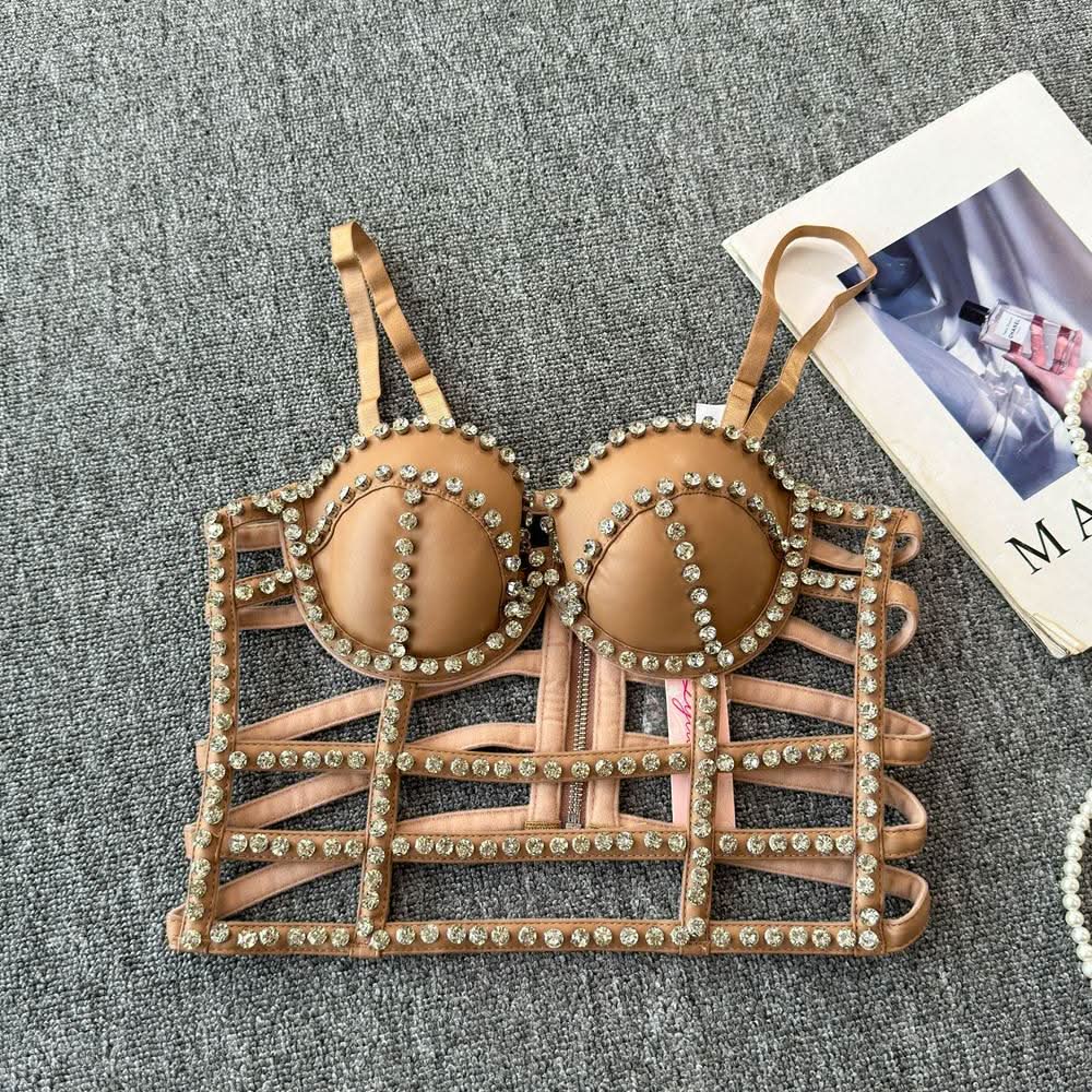 Hollow out beaded zip-up v neck padded cut out top