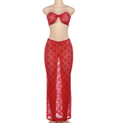 Self tie lace ruched knotted see through maxi skirt set