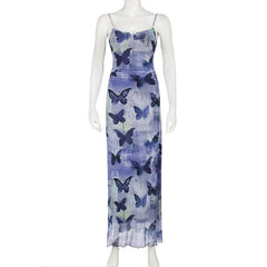 Mesh lace hem butterfly print cami maxi dress