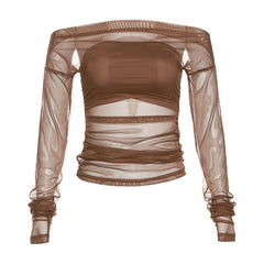 Mesh off shoulder ruched solid long sleeve 2 piece top