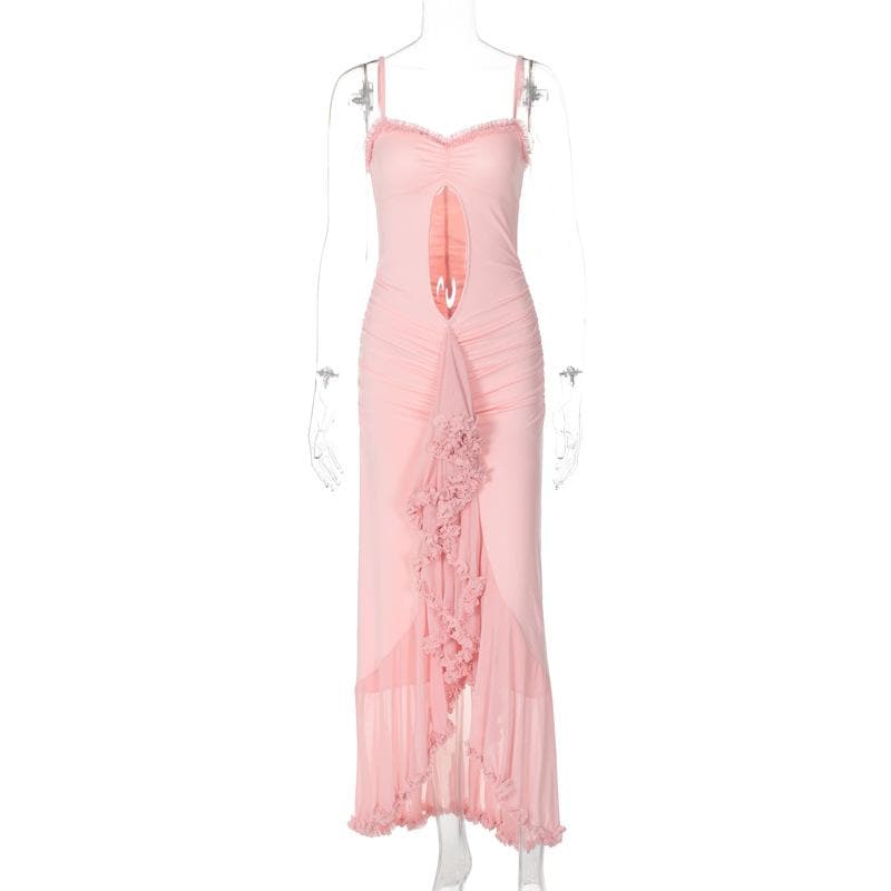 Ruffle high slit ruched hollow out cami cut out maxi dress
