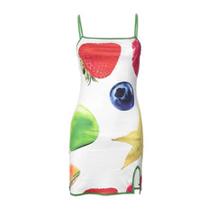Square neck fruit print slit cami mini dress