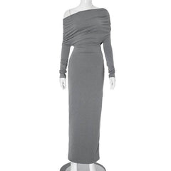 Long sleeve ruched one shoulder irregular maxi dress