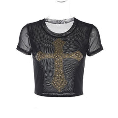 Short sleeve beaded cross pattern sheer mesh see through contrast top-final-sale