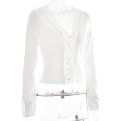 Long sleeve deep V neck lace hem hollow out cut out top