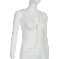 Sleeveless v neck button solid top