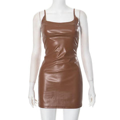 U neck PU leather zip-up backless solid mini dress