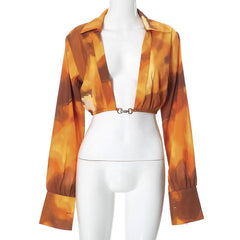 Button long sleeve ruched turnover collar print top