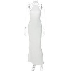 Halter solid sleeveless backless self tie maxi dress-final-sale