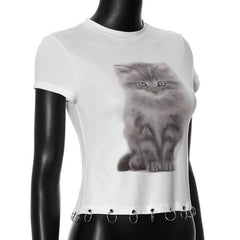 Short sleeve cat print o ring top