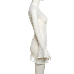Lace solid long flared sleeve hollow out high neck ruffle mini dress-final-sale