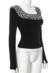 Long sleeve u neck leopard print patchwork top