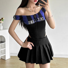 Off shoulder button letter print bodysuit
