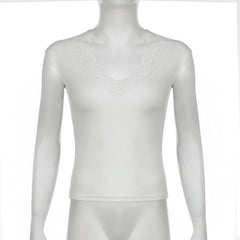 V neck cap sleeve lace hem top