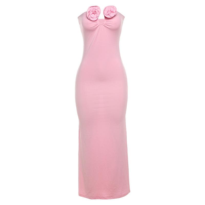 Notch neck flower applique ruched tube maxi dress