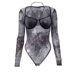 Long sleeve halter letter print button mesh bodysuit