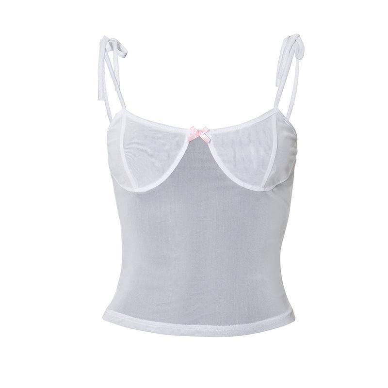 Sheer mesh see through bowknot self tie cami top