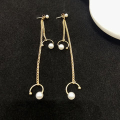Faux pearl layered metal chain stud earrings