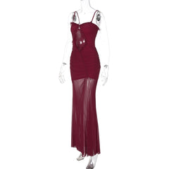 Hollow out mesh ruffle ruched cami cut out maxi dress