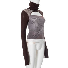 Long sleeve hollow out high neck button print cut out top