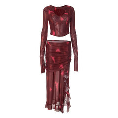 Long sleeve hollow out mesh ruched slit maxi skirt set