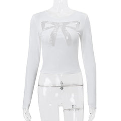 Long sleeve bowknot pattern lace mesh patchwork crewneck top-final-sale