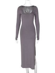 U neck long sleeve slit solid maxi dress