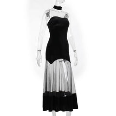 Ruched velvet mesh patchwork tube midi dress
