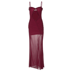 Hollow out mesh ruffle ruched cami cut out maxi dress