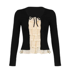 Lace patchwork contrast long sleeve self tie top-final-sale