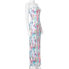 Ripple contrast high slit backless maxi dress