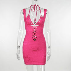 Halter o ring lace up lace backless hollow out solid cut out mini dress-final-sale