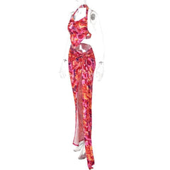 Halter flower print o ring slit maxi skirt set-final-sale