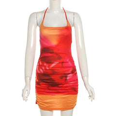 U neck halter tie dye ruched backless mini dress