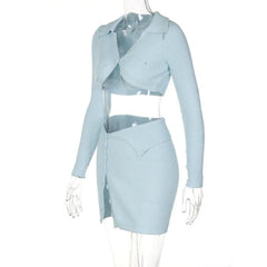 Button knitted solid long sleeve turnover collar mini skirt set-final-sale