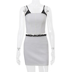 Square neck lace patchwork zip-up backless contrast mini skirt set-final-sale