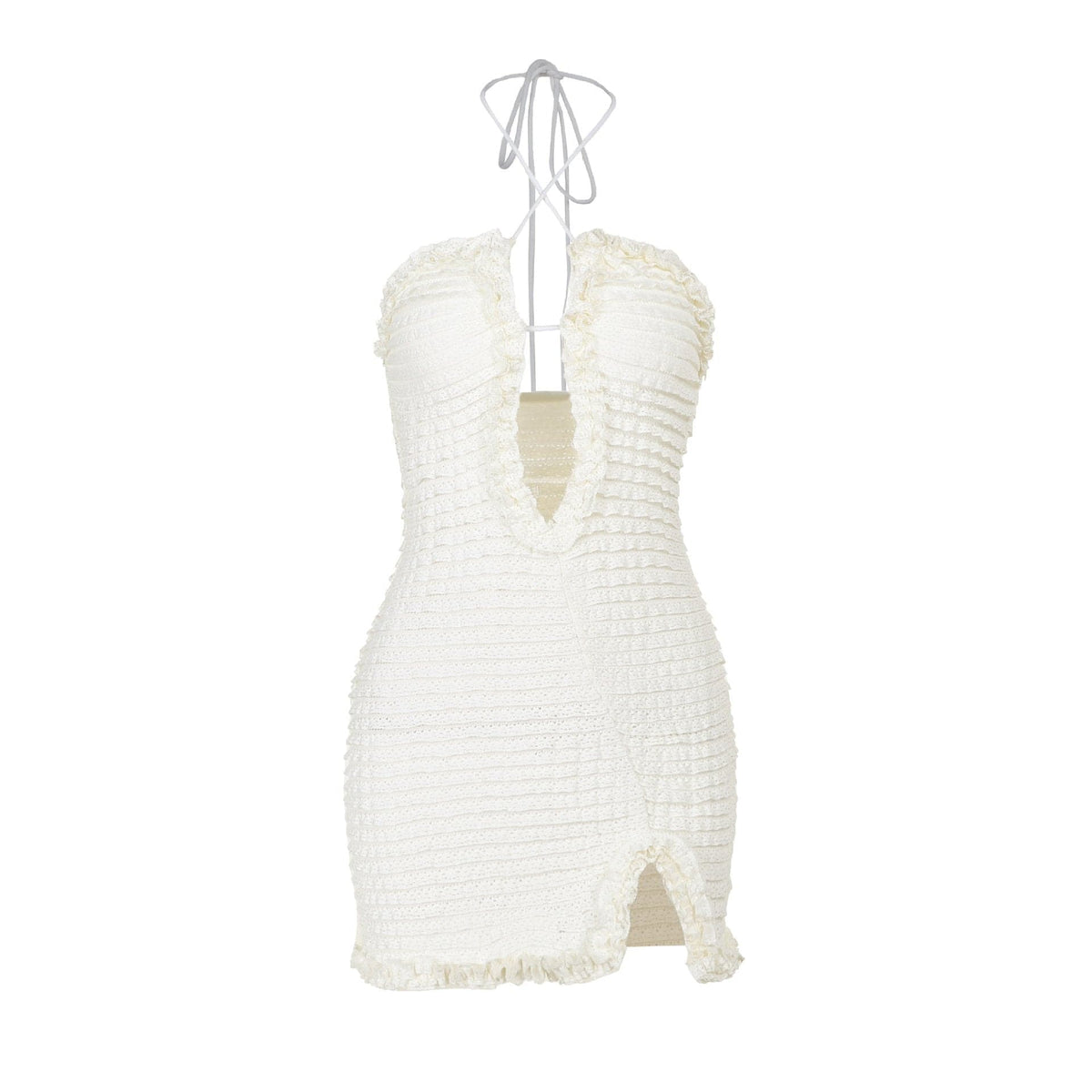 Halter textured ruffle lace hem solid mini dress