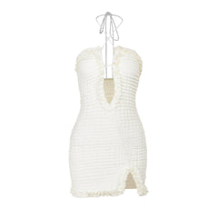 Halter textured ruffle lace hem solid mini dress