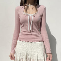 Lace hem contrast long sleeve bowknot ruffle top
