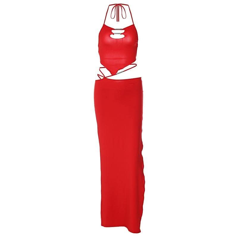 Hollow out metal tag halter self tie backless slit maxi skirt set-final-sale