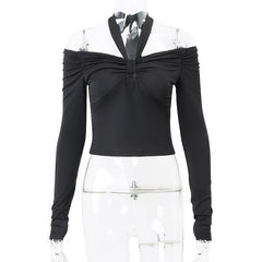 Long sleeve off shoulder halter ruched backless solid hollow out cut out top